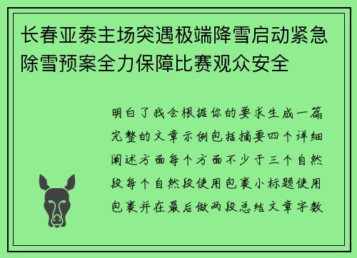 长春亚泰主场突遇极端降雪启动紧急除雪预案全力保障比赛观众安全